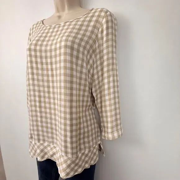 J.Jill tan and white gingham plaid long sleeve popover top - Picture 3 of 16